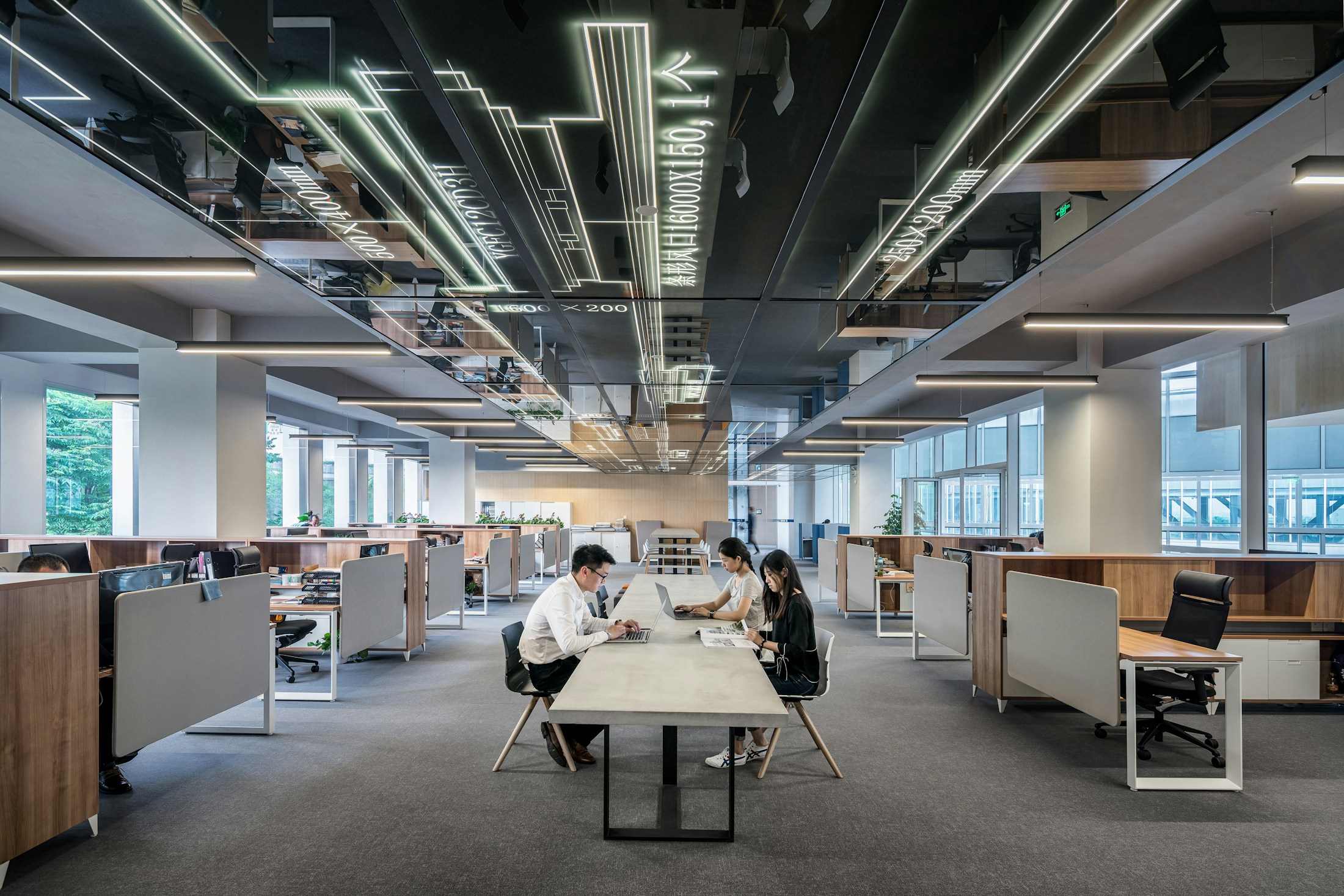 An open office where colleagues work together around shared desks